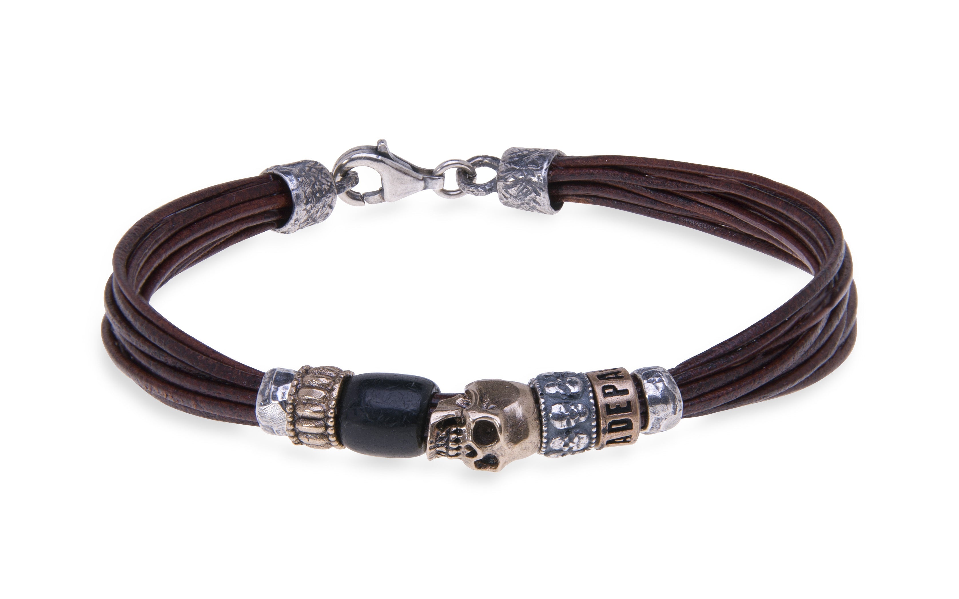 Polsera Plata de Pal Skull sis tires de cuir plata bronze i resina