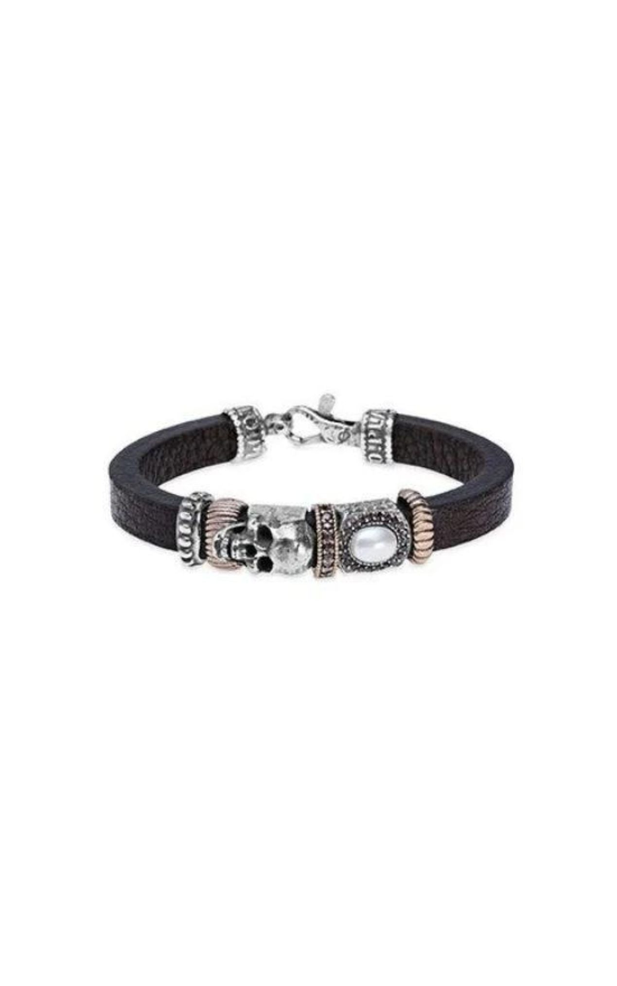 Polsera Plata de Pal Skull bronze perla circonita i cuir