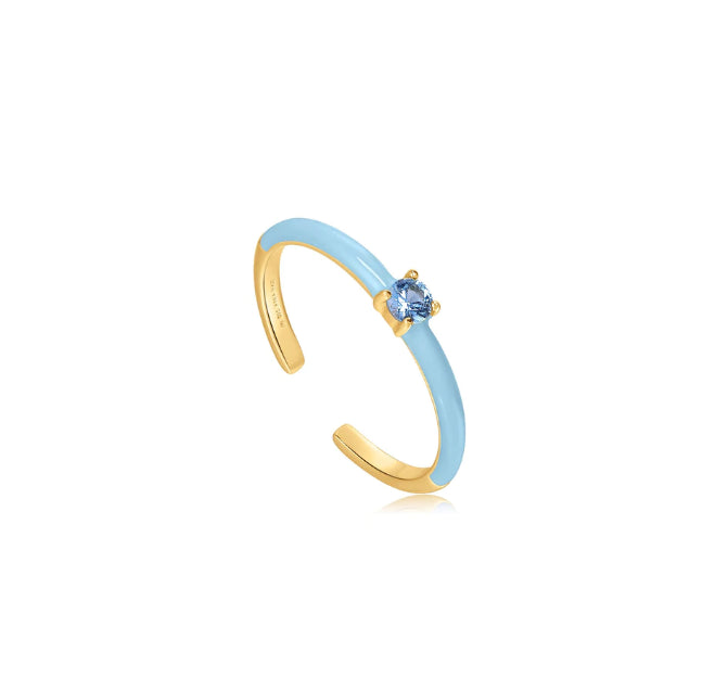 Anell Ania Haie de plata banyada en or i esmalt blau clar